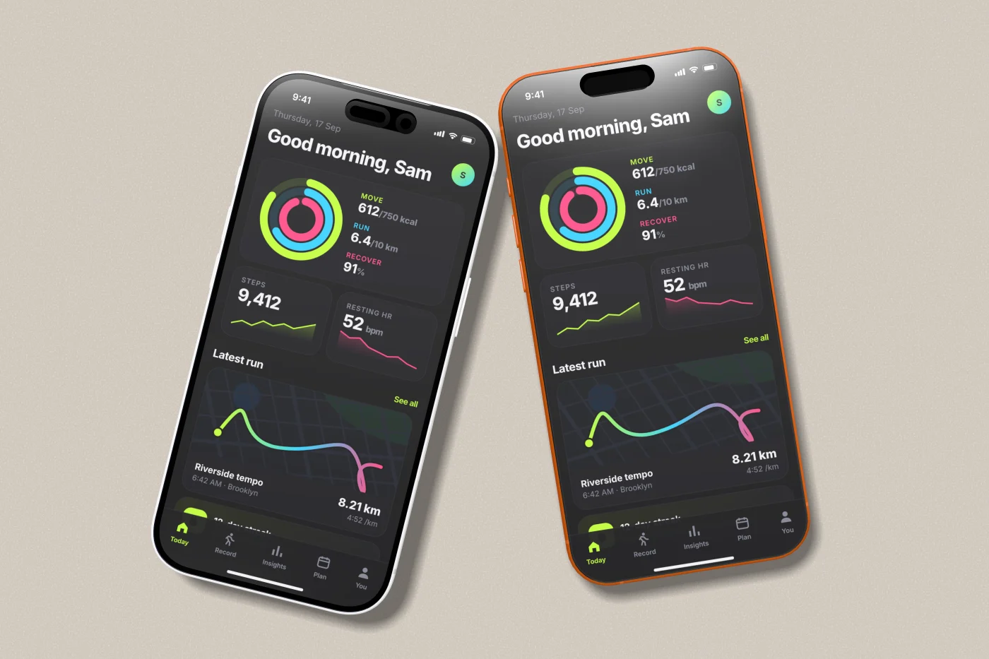 A 3D device mockup of the sample app in the flatlay theme.