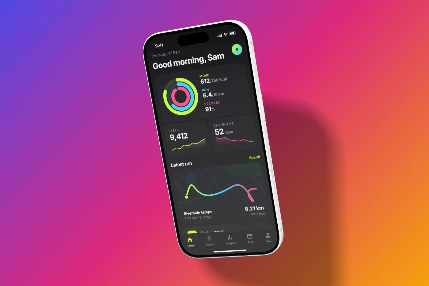 A 3D device mockup of the sample app in the levitate theme.