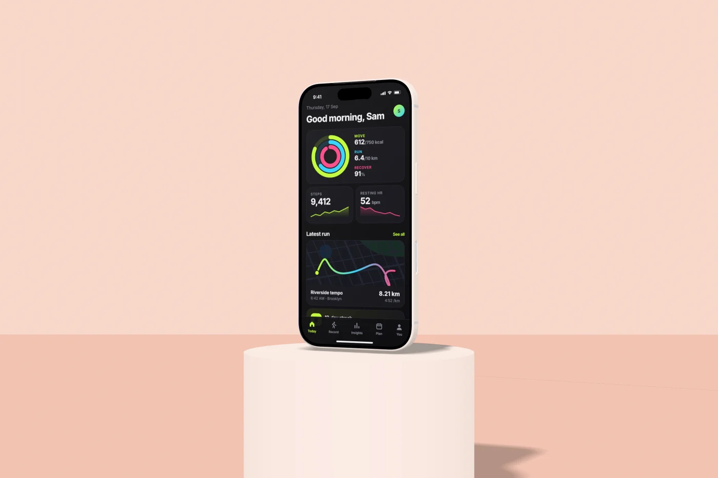 A 3D device mockup of the sample app in the pedestal theme.