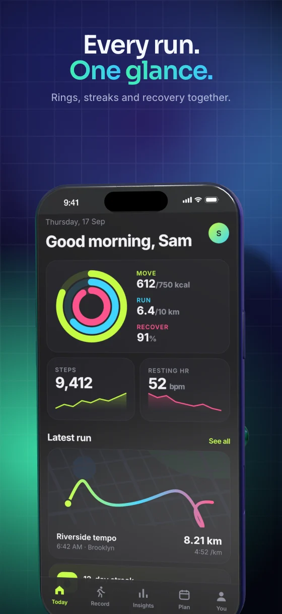 App Store slide 01 of the sample running app: “Every run. One glance.”, rendered in the Ledger theme.
