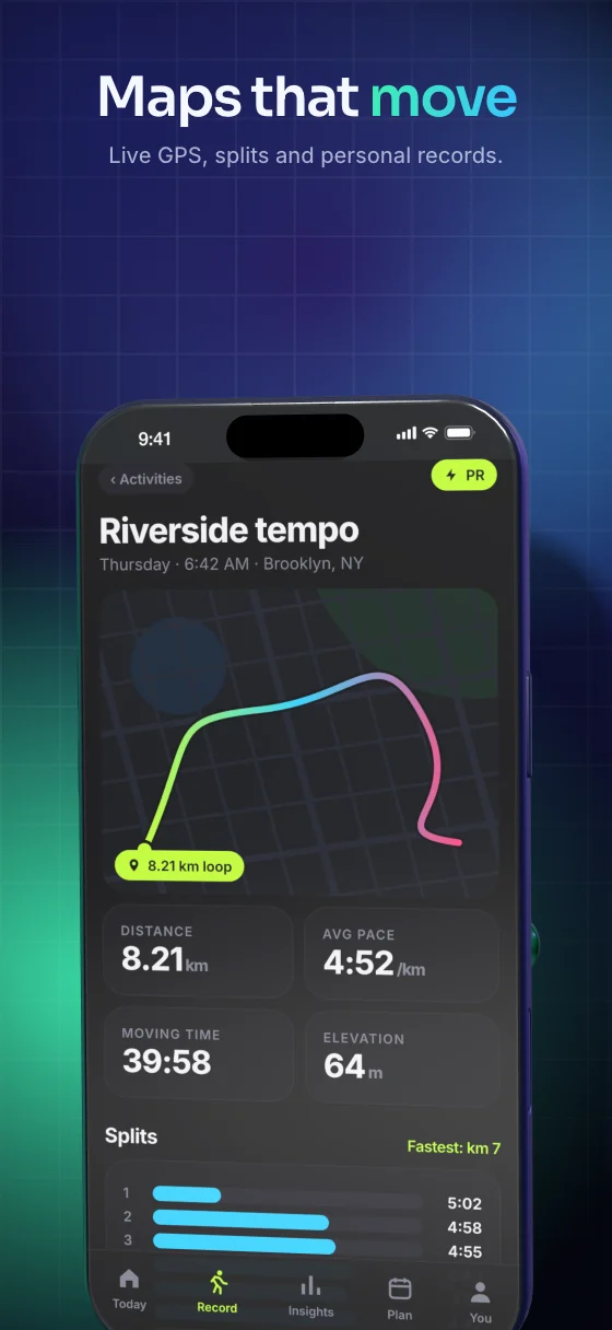 App Store slide 02 of the sample running app: “Maps that move”, rendered in the Ledger theme.