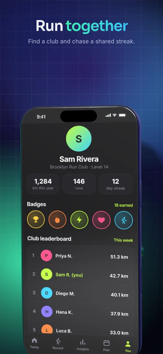 App Store slide 05 of the sample running app: “Run together”, rendered in the Ledger theme.