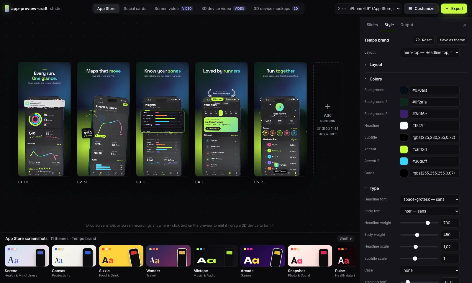 The app-preview-craft studio: category tabs across the top, five App Store slides previewed in the centre, a theme dock along the bottom and a Style panel on the right with colour and type controls.