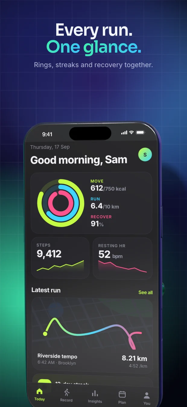 The same running-app screenshot rendered in the Ledger theme, styled for the Finance category.