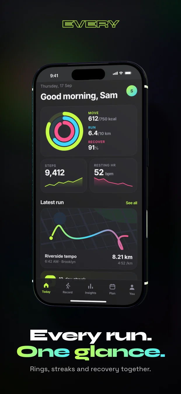 The same running-app screenshot rendered in the Mixtape theme, styled for the Music & Audio category.