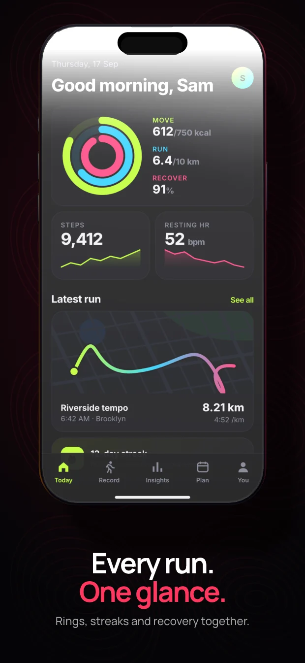 The same running-app screenshot rendered in the Pulse theme, styled for the Health data category.