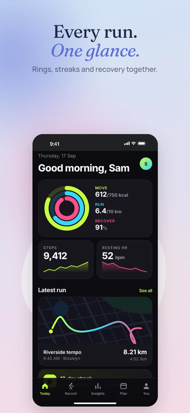 The same running-app screenshot rendered in the Serene theme, styled for the Mindfulness category.