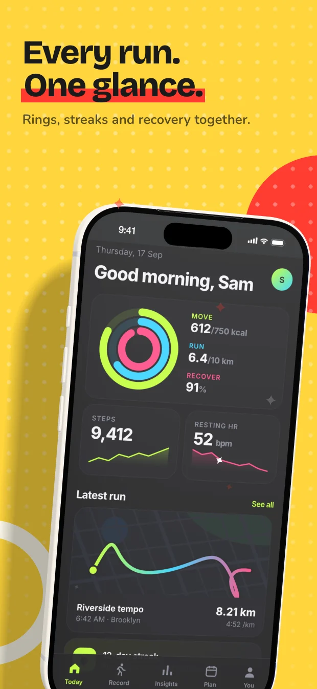 The same running-app screenshot rendered in the Sizzle theme, styled for the Food & Drink category.
