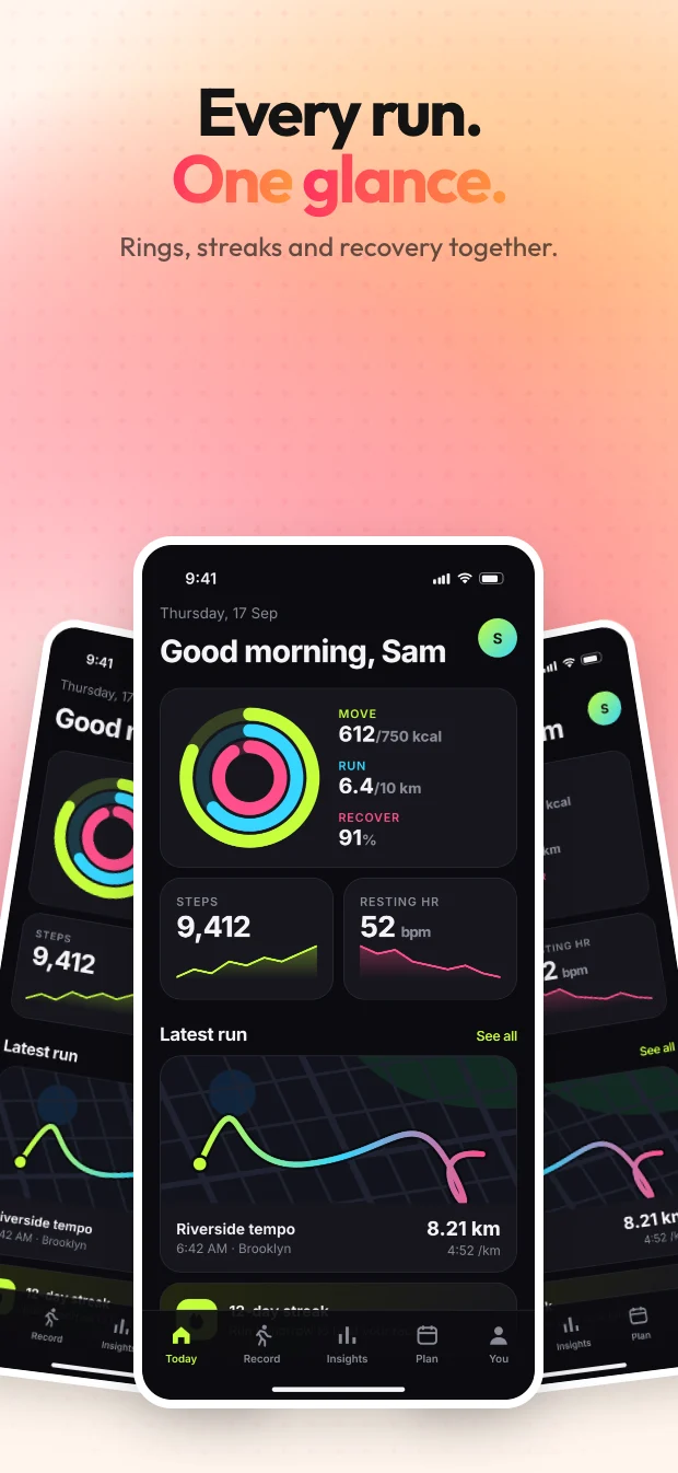The same running-app screenshot rendered in the Snapshot theme, styled for the Photo & Social category.