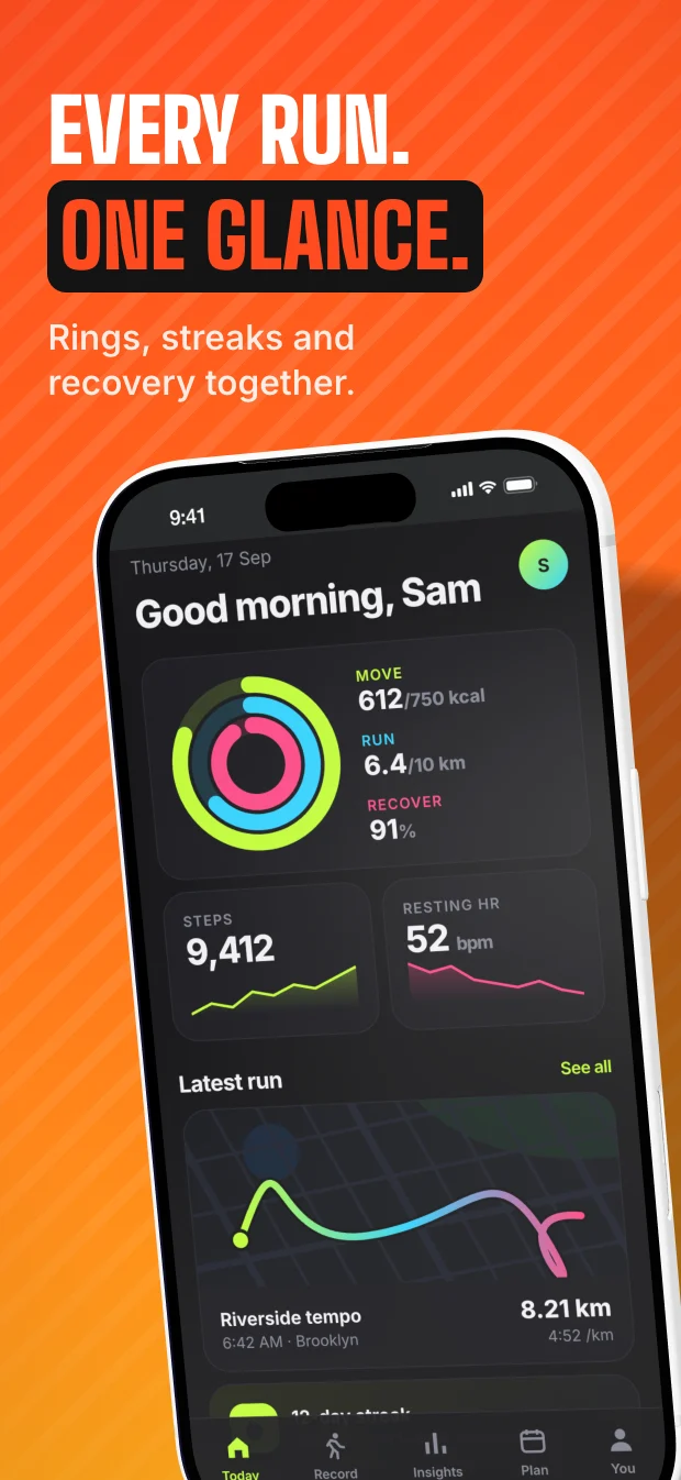 An App Store screenshot of a running app in the Stride theme: orange background, condensed headline and an angled iPhone.