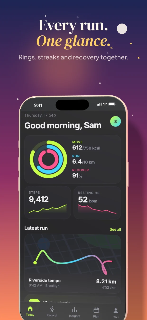 The same running-app screenshot rendered in the Wander theme, styled for the Travel category.